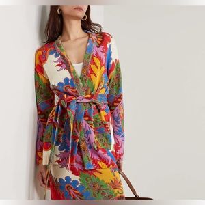 NWT $1790 Etro Belted floral-print silk and linen-blend cardigan